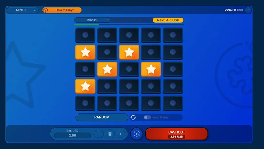 Интерфейс игры Mines с открытыми ячейками и множителем